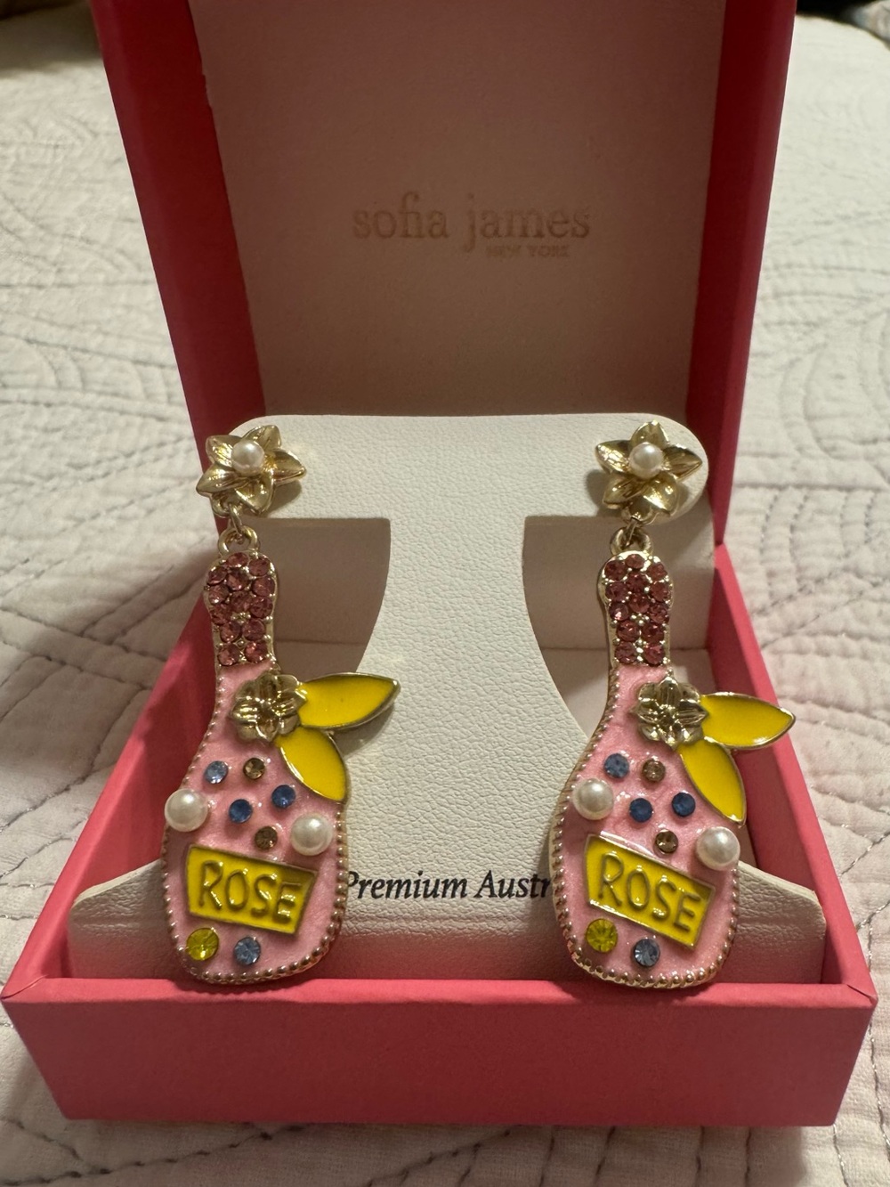 Never worn. Sofia James Pink "ROSE" Bottle Dangle Earrings with Pearls